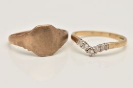 TWO 9CT GOLD RINGS, the first a wish bone ring set with colourless cubic zirconia, polished band,