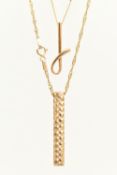TWO PENDANT NECKLACES, the first with a drop bar textured pendant, hallmarked 9ct Birmingham, length