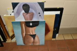 FOUR EROTIC OILS AND A CHARCOAL DRAWING, comprising a nude female in a bath, a scantily clad