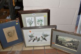 FOUR PICTURES AND THREE PRINTS, comprising a pencil portrait of the head of a girl after Sir