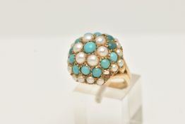 A 1960S 9CT YELLOW GOLD TURQUOISE AND SPLIT CULTURED PEARL BOMBE CLUSTER RING, the cluster is of
