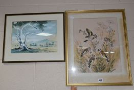 PAUL A. NICHOLAS (BRITISH 1943-2017) 'GOLDFINCHES & YOUNG ON THISTLES', five birds on wild plants,