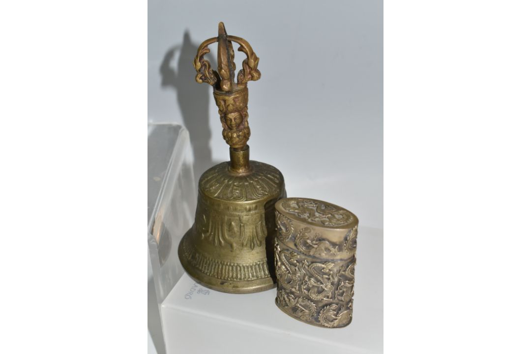 A GROUP OF ASIAN METAL WARE, possibly Tibetan and Indian in origin, comprising a napkin ring - Image 4 of 9