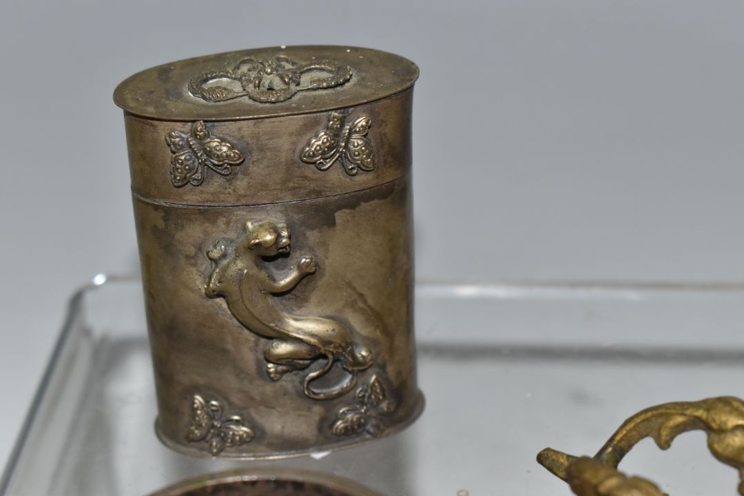 A GROUP OF ASIAN METAL WARE, possibly Tibetan and Indian in origin, comprising a napkin ring - Image 5 of 9