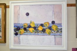 RICHARD JOHN CROFT (BRITISH 1935) PLUMS AND PEPPERS, a still life study of purple plums and yellow