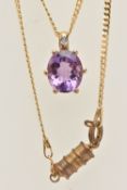 A 9CT GOLD AMETHYST AND DIAMOND PENDANT WITH CHAIN, the pendant designed as an oval cut amethyst, in