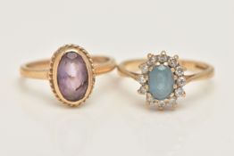 TWO 9CT GOLD GEM SET RINGS, the first set with an oval cut amethyst, collet set with a fine rope