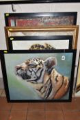FIVE DECORATIVE OILS ON CANVAS, comprising a portrait of a Leopard and two portraits of Tigers,