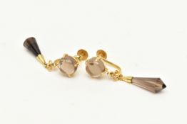 A PAIR OF MODERN YELLOW METAL SMOKEY QUARTZ EARRINGS, each earring designed as an elongated