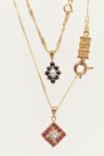 TWO PENDANT NECKLACES, the first a blue sapphire and diamond cluster pendant, fitted with a split