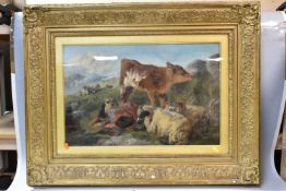 GEORGE WILLIAM HORLOR (1823-1895) A HIGHLAND SCENE WITH ANIMALS, a dog covered in his masters