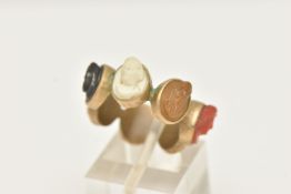A 19TH CENTURY LAVA AND CORAL CAMEO GRAND TOUR RING, designed as a series of seven portrait cameos