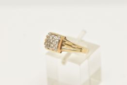 A DIAMOND DRESS RING, the domed square shape diamond set panel set with seven single cut diamonds,
