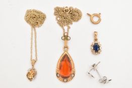 A SMALL ASSORTMENT OF JEWELLERY, to include a yellow metal Citrine and diamond pendant, unmarked,