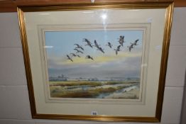 ROBERT W. MILLIKEN (1920-2014) 'PINK FEET ARRIVING TO FEED IN CROMER MARSH', a gaggle of Pink-Footed