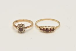 TWO 9CT YELLOW GOLD GARNET DRESS RINGS, to include a garnet five stone ring, together with a