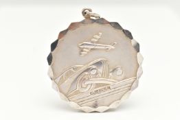 A SILVER GEORG JENSEN ST. CHRISTOPHER PENDANT, with St Christopher to one side and a car and