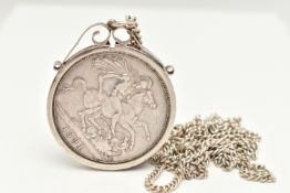 A VICTORIAN COIN PENDANT, the Victoria crown dated 1891, in a scrolling pendant mount, suspended