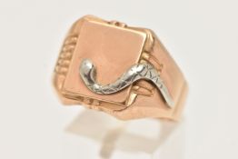 A YELLOW METAL SIGNET RING, a square form signet ring with tapered shoulders, white metal snake