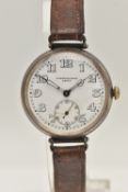 A GENTS EARLY 20TH CENTURY SILVER TRENCH-STYLE WRISTWATCH, manual wind watch, round white dial
