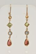 A PAIR OF GEM SET EARRINGS, yellow metal drop earrings, set with garnet, topaz and quartz, fitted