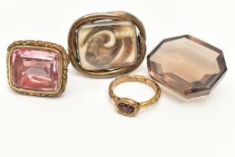 THREE ITEMS OF JEWELLERY AND A CUT SMOKY QUARTZ GEMSTONE, to include a late 19th century gold plated