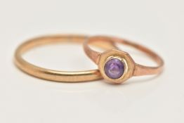 TWO RINGS, to include a thin yellow metal band, rubbed unclear hallmark, ring size Y, together