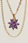 A 9CT GOLD GEM SET PENDANT AND CHAIN, a floral designed pendant set with eight marquise cut