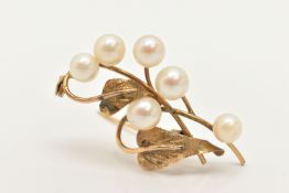 A YELLOW METAL CULTURED PEARL BROOCH, of a floral design set with six cultured pearls, stamped
