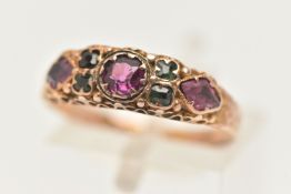 A 19TH CENTURY GEM SET RING, a band ring, set with pink tourmaline and green paste, hallmarked