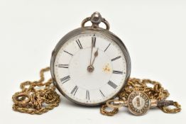 A SILVER OPEN FACE POCKET WATCH, WITH KEY AND A CHAIN, key wound, open face pocket watch, round
