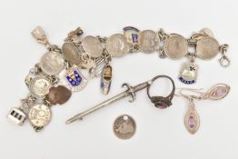 A SMALL BAG OF JEWELLERY, to include a 10 cent coin charm bracelet, fitted with nine coins and