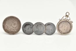 THREE COIN ITEMS, to include a brooch made of two Edward VII 3 pence coins, dated 1902 and 1908, and