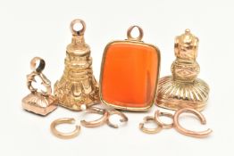 AN ASSORTMENT OF FOBS, two rolled gold intaglio fobs, one inscribed with the words 'forget me