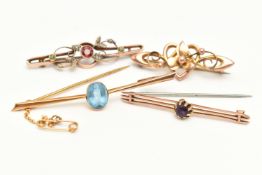 FOUR BAR BROOCHES, to include two 9ct rose gold bar brooches, both hallmarked 9ct Birmingham, both