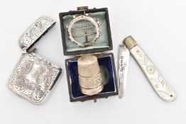 FOUR ITEMS, to include a silver and mother of pearl fruit knife, blade hallmarked 'James Fenton'