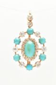 A YELLOW METAL TURQUOISE AND DIAMOND PENDANT/BROOCH, of an oval open work form, set centrally with