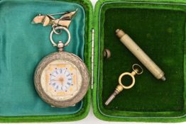 A LADIES WHITE METAL POCKET WATCH, key wound, round white Roman numeral dial with red and gold