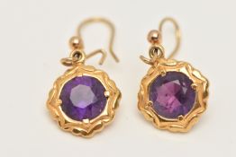 A PAIR OF 9CT GOLD AMETHYST DROP EARRINGS, circular cut amethyst, prong set in yellow gold, fitted