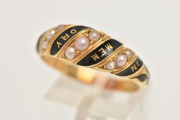 A MID VICTORIAN 'IN MEMORY OF' ENAMEL AND SPLIT PEARL 18CT GOLD RING, graduating dome of black