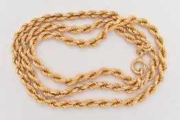 A 9CT GOLD CHAIN NECKLACE, a yellow gold rope chain, fitted with a spring clasp, approximate