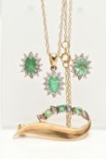 A SELECTION OF YELLOW METAL EMERALD AND DIAMOND SET JEWELLERY, to include an oval cluster pendant