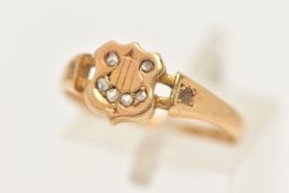 A LATE VICTORIAN 18CT GOLD DIAMOND RING, designed as a shield shape signet with a rose cut diamond