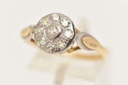 A YELLOW METAL DIAMOND CLUSTER RING, of a circular form set with nine single cut diamonds, in a