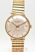 A GENTS 9CT GOLD 'RONE' WRISTWATCH, manual wind, round silver dial signed 'Rone incabloc 17 Jewels',