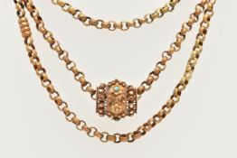 A VICTORIAN YELLOW METAL LONG GUARD CHAIN WITH SLIDING PENDANT, textured belcher link chain fitted