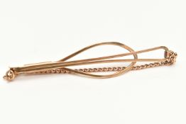 A 9CT GOLD TIE CLIP, hallmarked 9ct Birmingham, fitted with a chain, length 62mm, approximate