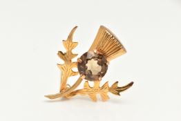 A 9CT GOLD THISTLE BROOCH, set with a circular cut smoky quartz in a five claw setting, fitted