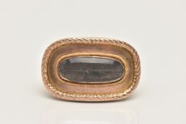 A ROSE METAL GEORGIAN WOVEN HAIR BROOCH, of a curved rectangular form, set with woven brown hair