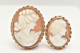 TWO CAMEO BROOCHES, to include a 9ct gold carved shell cameo depicting a lady in profile, collet set